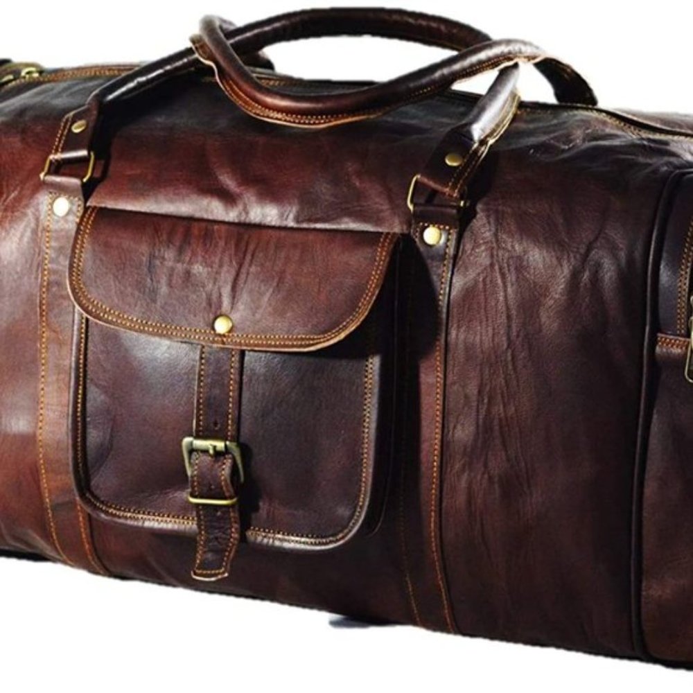 NEW Men's Vintage Brown Leather Goat Duffle Bag - Picture 4 of 8